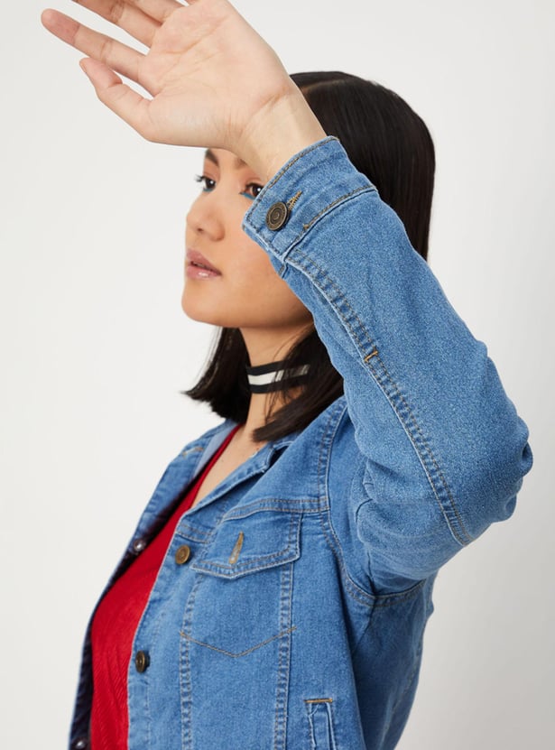 Women Solid Denim Trucker Jacket