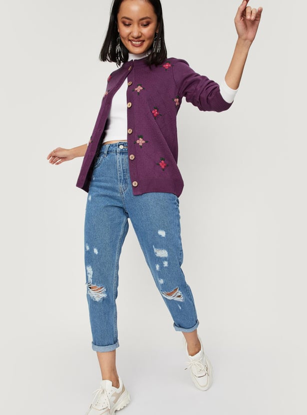 Women Floral Embroidered Buttoned Cardigan