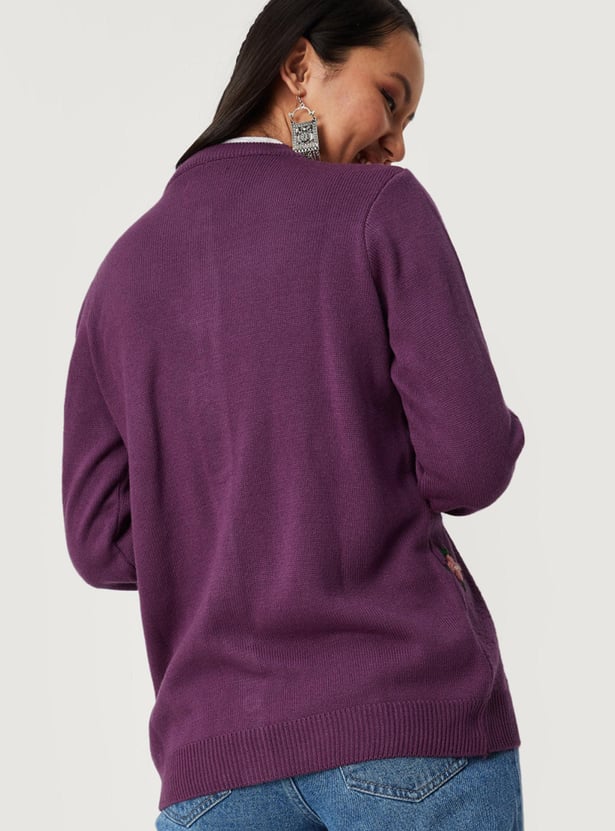 Women Floral Embroidered Buttoned Cardigan