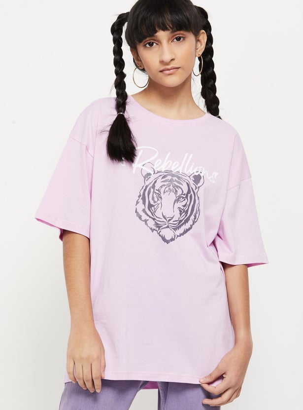 Girls Printed Round Neck Regular Fit T-shirt