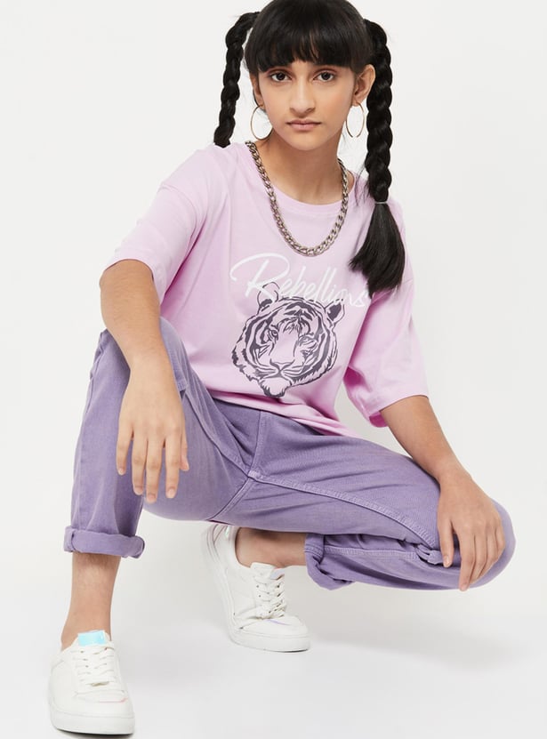 Girls Printed Round Neck Regular Fit T-shirt