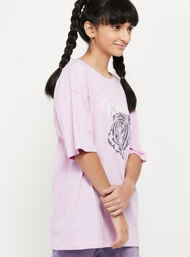 Girls Printed Round Neck Regular Fit T-shirt