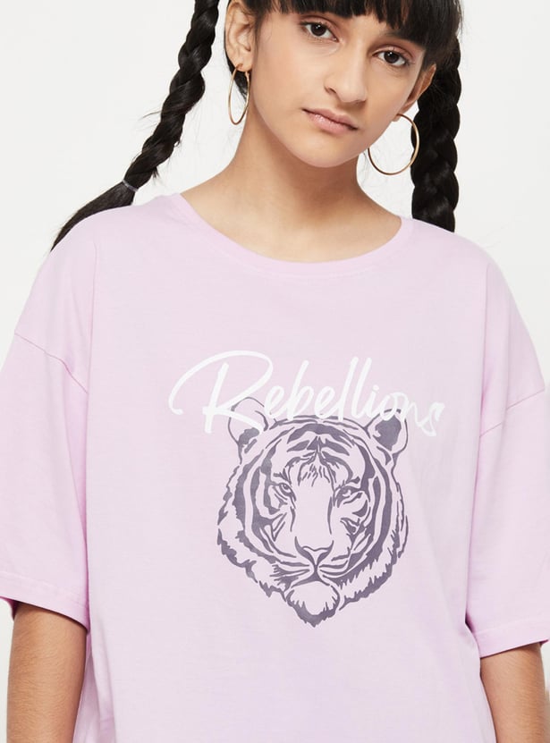Girls Printed Round Neck Regular Fit T-shirt