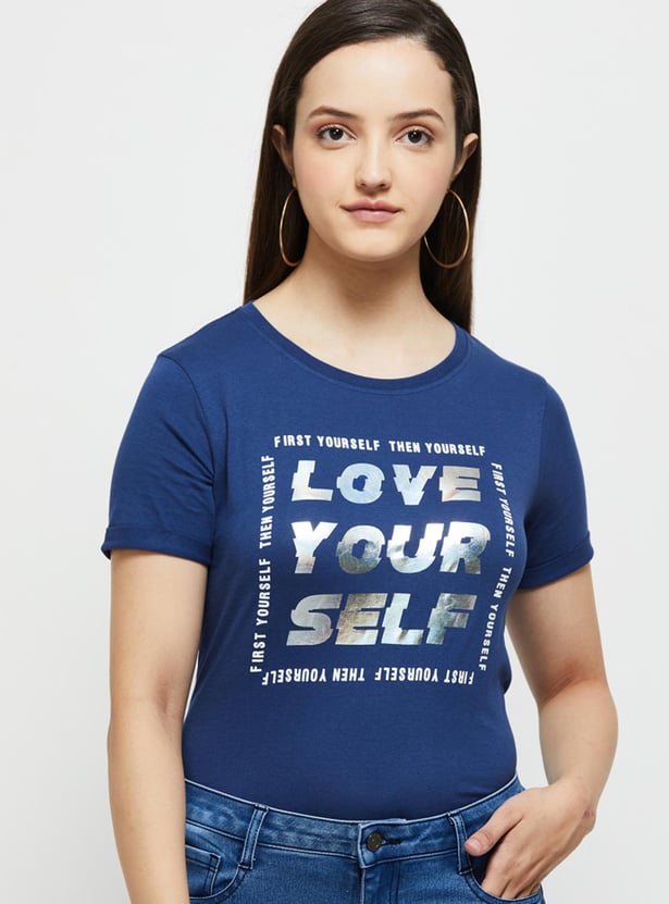 Women Typographic Printed T-shirt with Round Neck