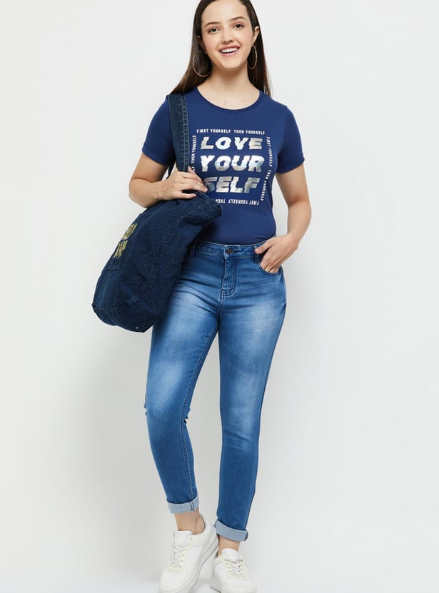 Women Typographic Printed T-shirt with Round Neck