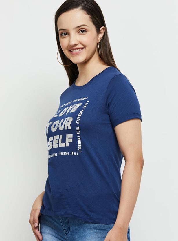 Women Typographic Printed T-shirt with Round Neck