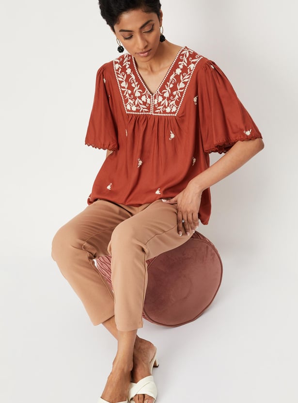 Women Embroidered Bell Sleeves Top