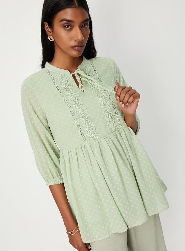 Women Textured Band Collar Three-Quarter Sleeves Tunic