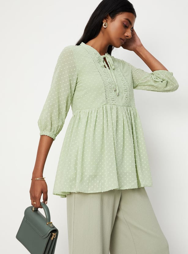 Women Textured Band Collar Three-Quarter Sleeves Tunic