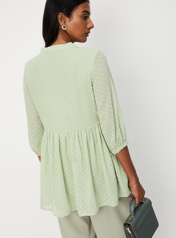 Women Textured Band Collar Three-Quarter Sleeves Tunic