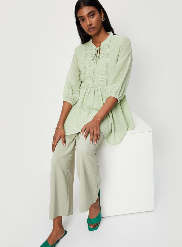Women Textured Band Collar Three-Quarter Sleeves Tunic