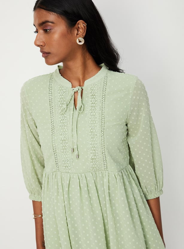 Women Textured Band Collar Three-Quarter Sleeves Tunic