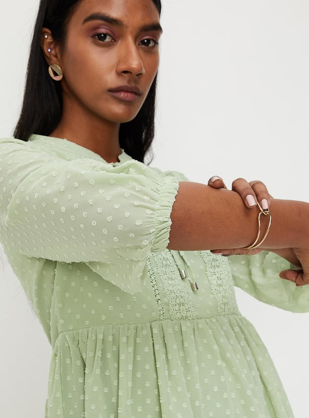 Women Textured Band Collar Three-Quarter Sleeves Tunic