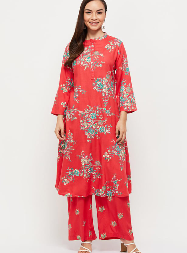 Women Green And Orange Three-Quarter Sleeves Straight Kurta With Palazzo With Pockets And Face Mask