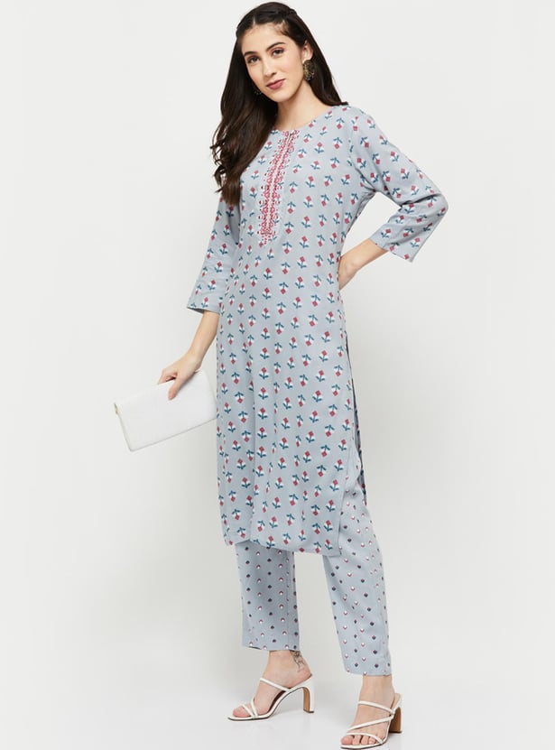 Women Printed Three-Quarter Sleeves Kurta with Elasticated Straight Pant