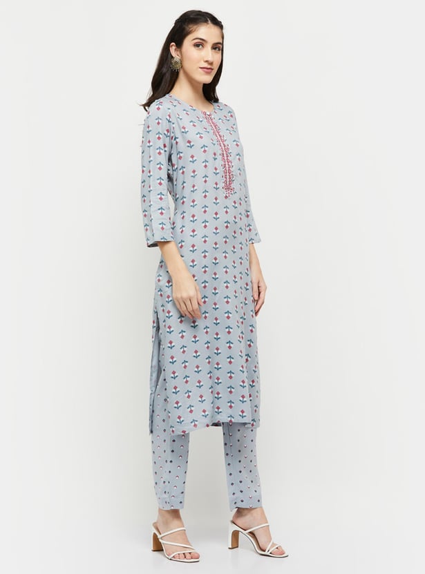 Women Printed Three-Quarter Sleeves Kurta with Elasticated Straight Pant