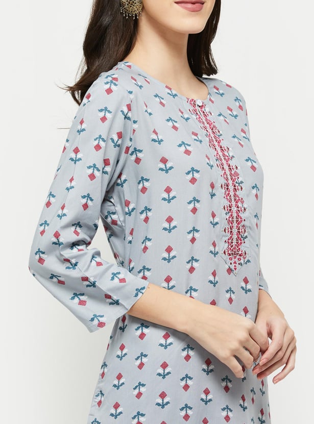 Women Printed Three-Quarter Sleeves Kurta with Elasticated Straight Pant