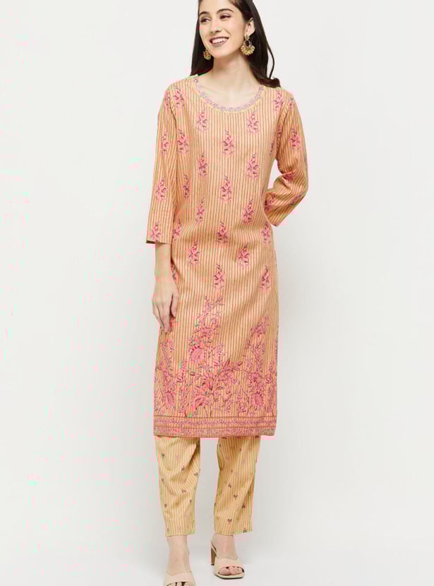 Women Floral Printed Straight Kurta with Elasticated Straight Pants