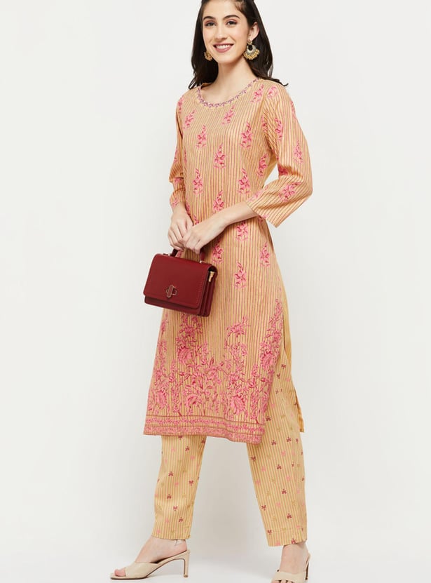 Women Floral Printed Straight Kurta with Elasticated Straight Pants