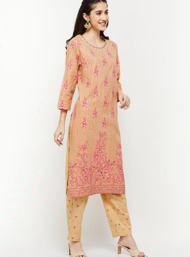 Women Floral Printed Straight Kurta with Elasticated Straight Pants