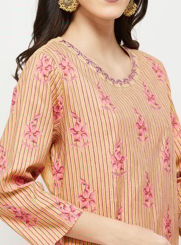 Women Floral Printed Straight Kurta with Elasticated Straight Pants