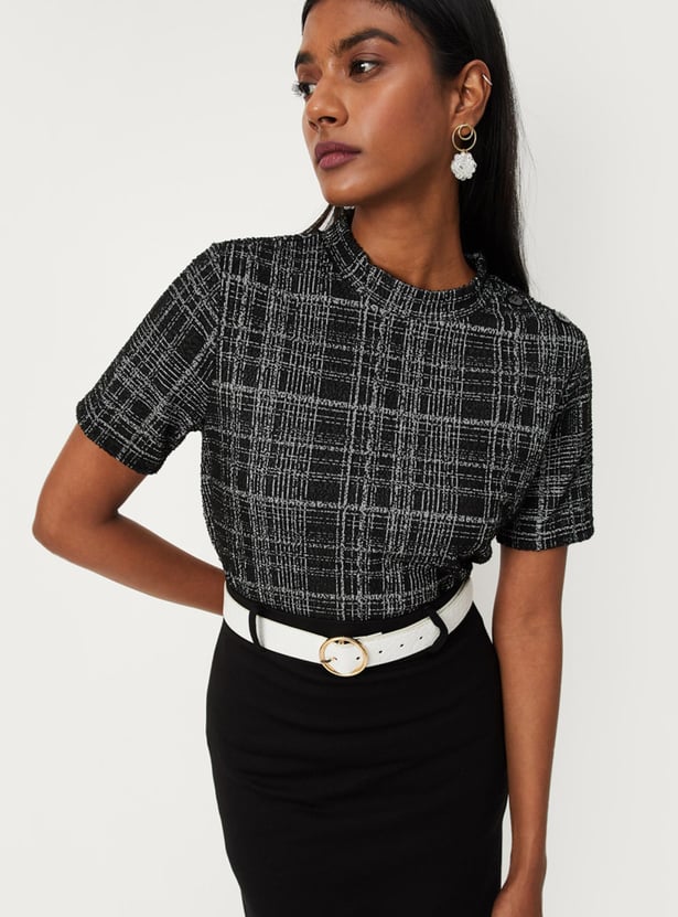 Women Checked Mock Neck Top