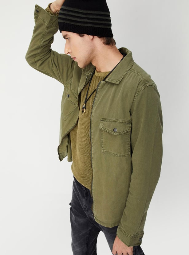 Men Solid Denim Zipped Shacket