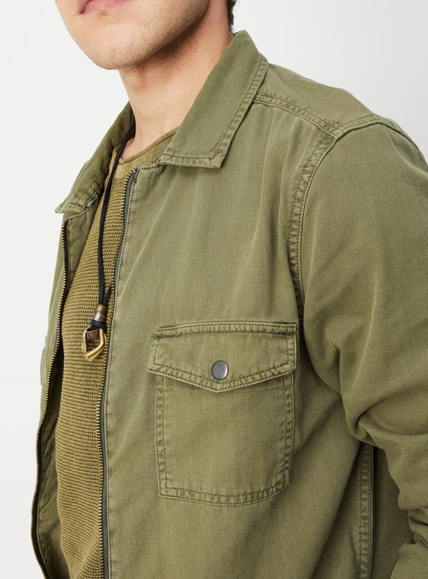 Men Solid Denim Zipped Shacket