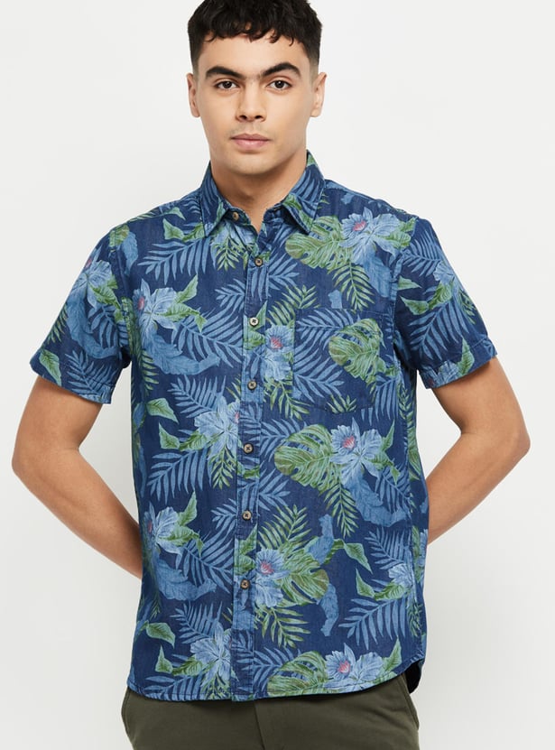 Men Tropical Printed Short Sleeve Slim Fit Casual Shirt