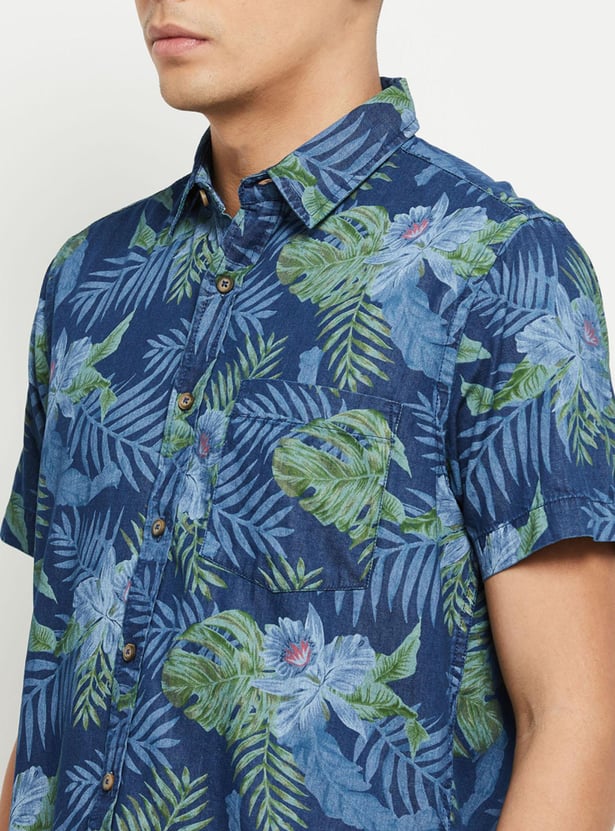 Men Tropical Printed Short Sleeve Slim Fit Casual Shirt