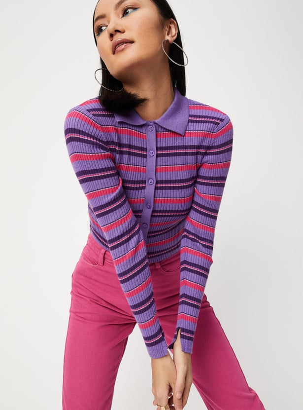 Women Striped Collared Knit Top