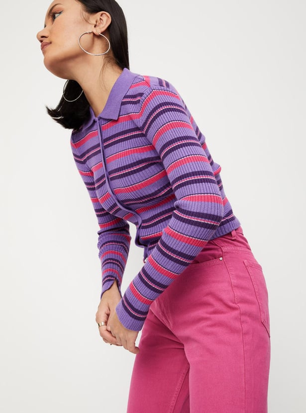 Women Striped Collared Knit Top