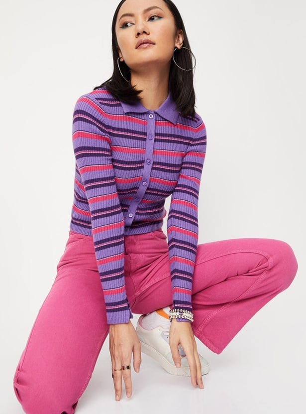 Women Striped Collared Knit Top