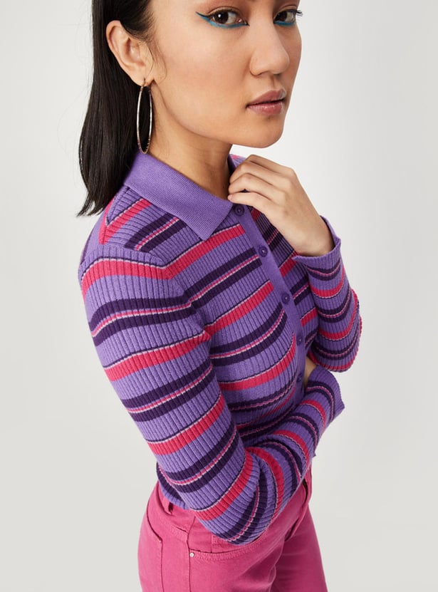 Women Striped Collared Knit Top