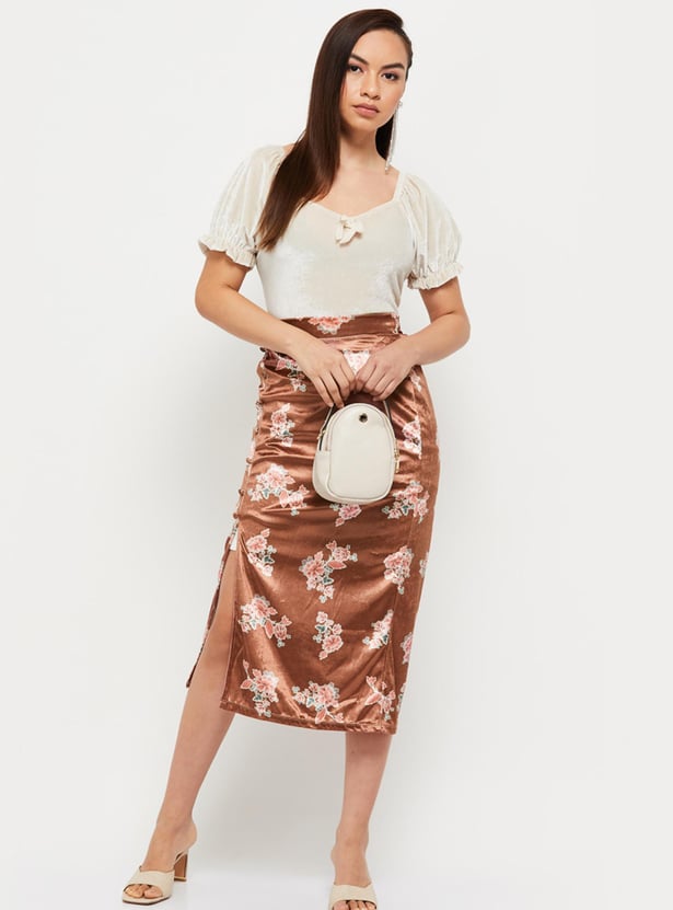 Women Floral Printed Elasticated Midi Skirt