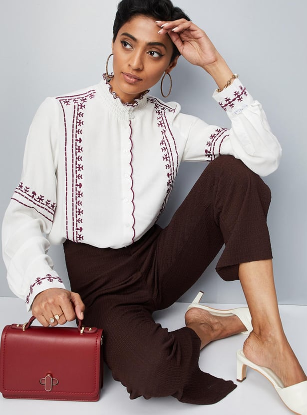 Women Embroidered Scalloped Placket Top