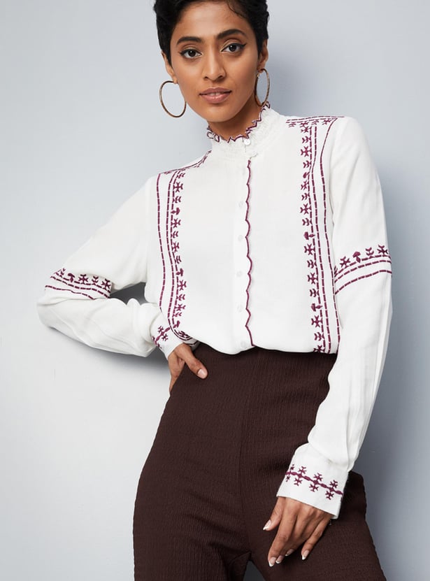 Women Embroidered Scalloped Placket Top