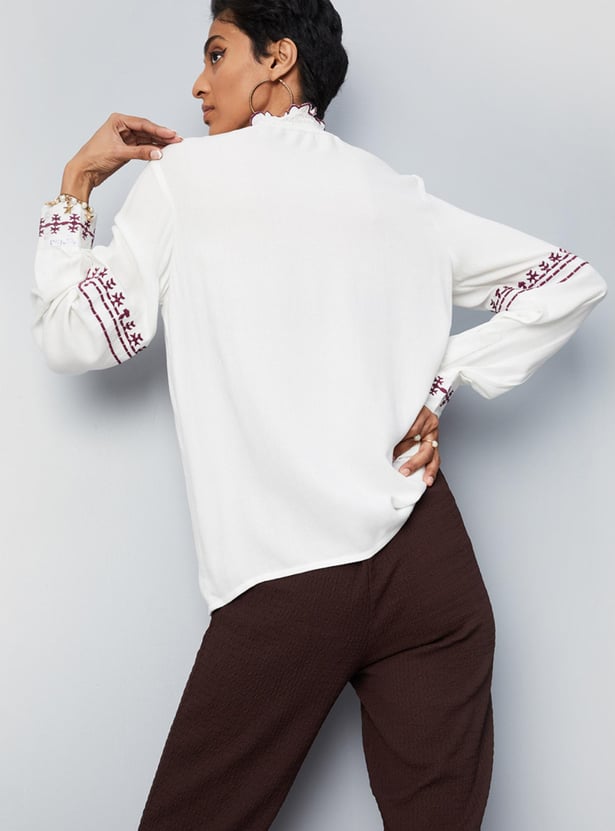 Women Embroidered Scalloped Placket Top