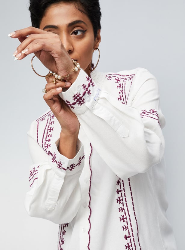 Women Embroidered Scalloped Placket Top