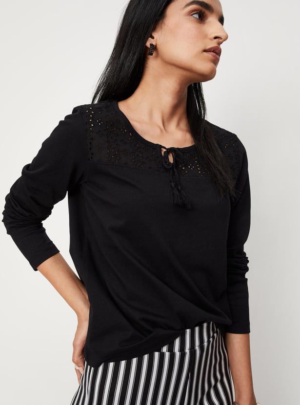 Women Textured Full Sleeves Tie-Up Neck Casual Top