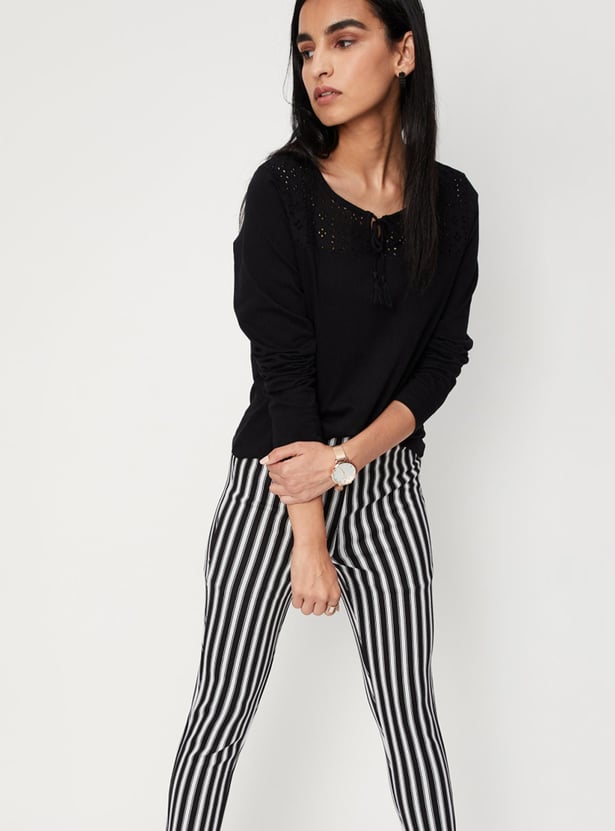 Women Textured Full Sleeves Tie-Up Neck Casual Top