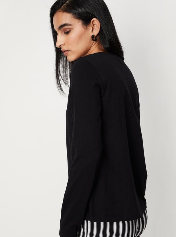 Women Textured Full Sleeves Tie-Up Neck Casual Top