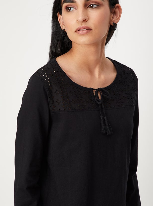 Women Textured Full Sleeves Tie-Up Neck Casual Top