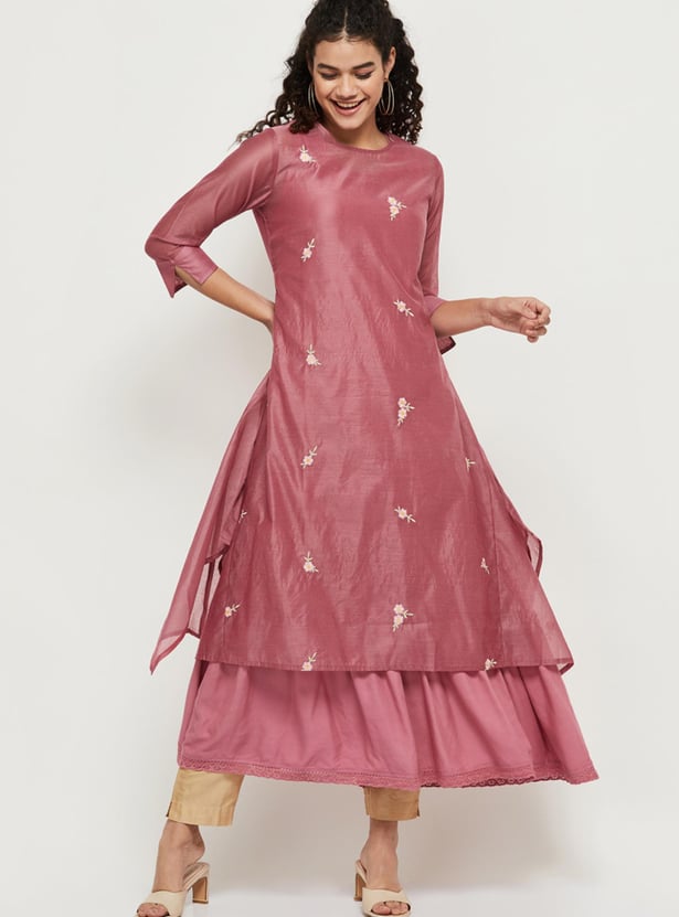 Women Floral Embroidered Layered Asymmetric Kurta