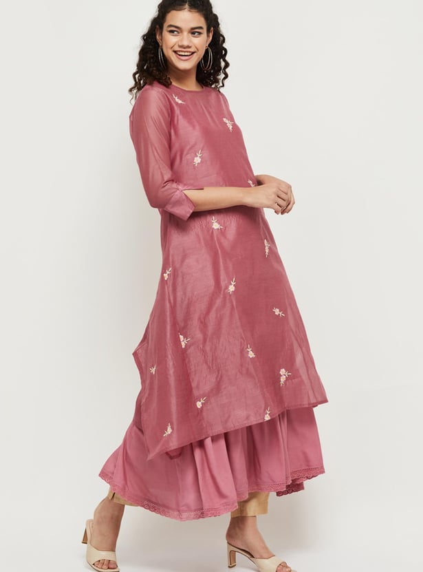 Women Floral Embroidered Layered Asymmetric Kurta