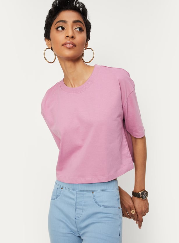 Women Solid Boxy Crop T-shirt