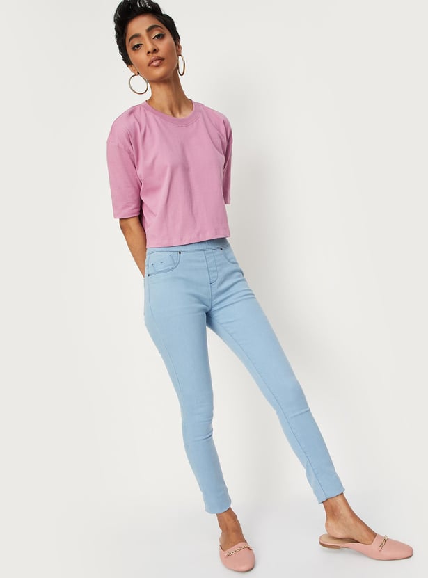 Women Solid Boxy Crop T-shirt