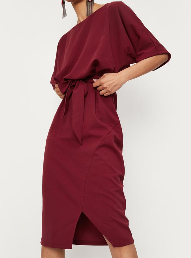 Women Solid Tie-Up Waist Blouson Dress