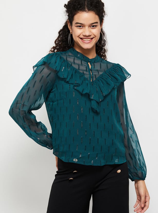Women Textured Full Sleeves Ruffled Casual Top