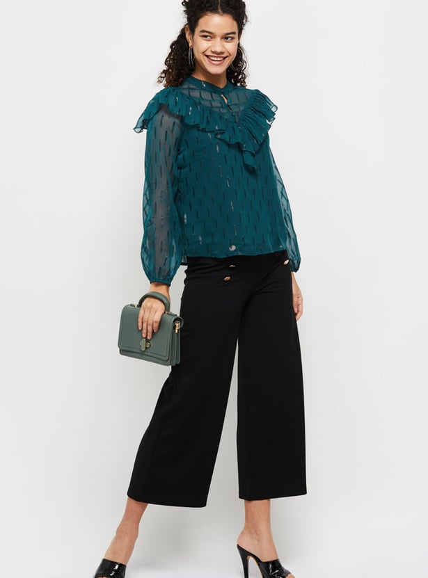 Women Textured Full Sleeves Ruffled Casual Top
